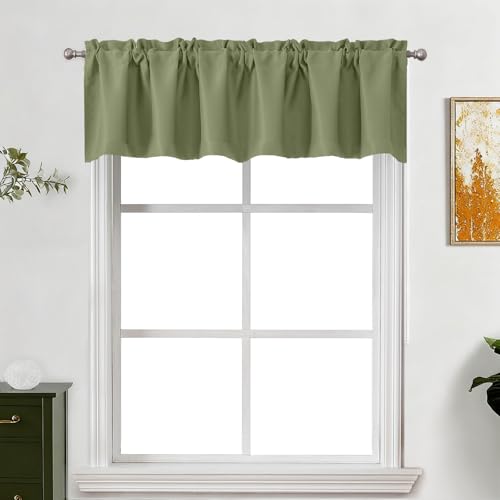 "Lecloud Sage Green Valance for Windows 14 Inch Length, Thermal Privacy Room Darkening Curtains, Kitchen Home Decor Drapes Rods Pocket for Bathroom Cafe Basement Cabinet, 60"" W x 14"" L 1 Panel"