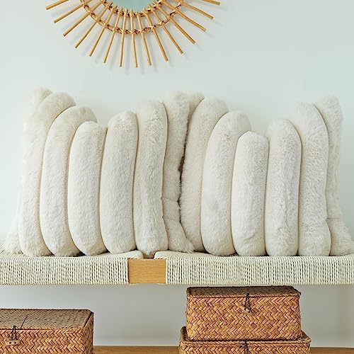 JOJUSIS Pack of 2 Faux Fur Plush Decorative Throw Pillow Covers Couch Cushion Case Soft Fluffy Pillowcases Wide Stripe Beige 20 x 20 Inch