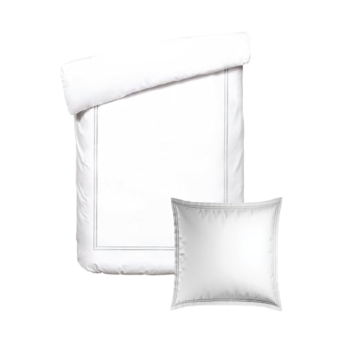Pure Cotton 2-Piece Single Bed Linen – Duvet Cover 135 x 200 cm and 1 Pillowcase 80 x 80 cm – 100% Cotton Satin, 80 Thread Count – Oeko-TEX Certified – Calanques – Grey and White