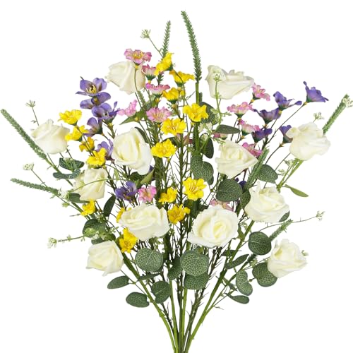 CISDUEO 6pcs Artificial Flowers Yellow Lily of The Valley White Tea Rose PE Combination