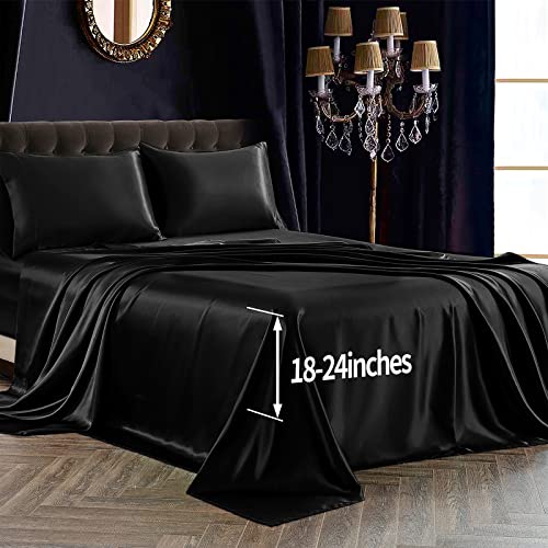 SiinvdaBZX 4Pcs Extra Deep Pocket Satin Sheet Set Full Size, Black - Ultra Silky Soft Satin Bed Sheets Similar to Silk Sheets Deep Fitted Sheet Fits 18-24 Inch Deep Pocket Mattress