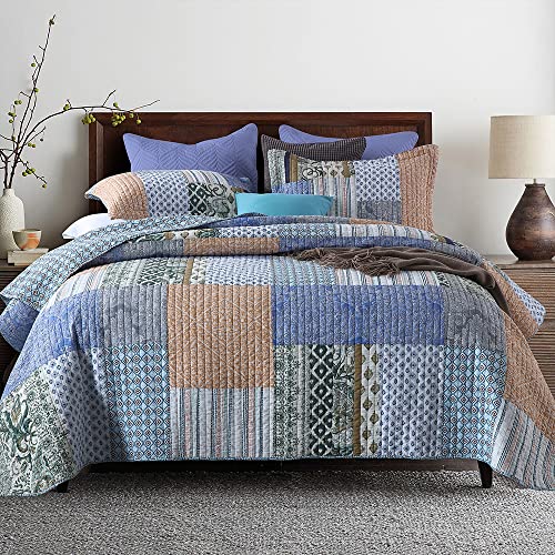Autumn Dream Cotton Bedspread Bohemian Blue Bedding Quilt, King Size - Cotton Reversible Coverlet Sets Comforter, Bohemian Paisley Patchwork Bedspread for All Season