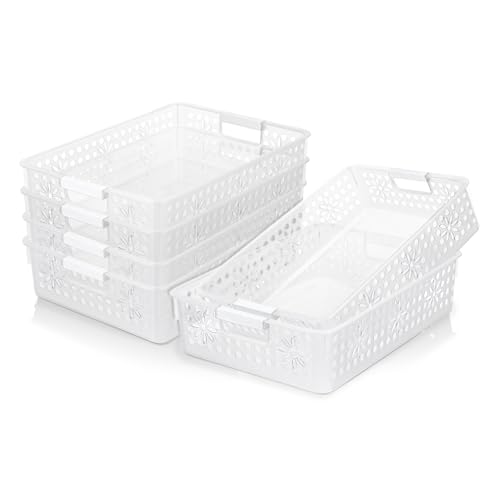 Cetomo Plastic Storage Box, Storage Baskets with Handle, Shelf Basket Organizer with Hole, Open Top Storage Bin for Home Kitchen Office, Transparent, 6 Pack (34.5 x 24.5 x 8.5 cm)