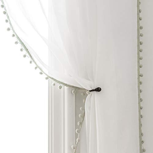 MISS SELECTEX Linen Look Pom Pom Tasseled Sheer Curtains - Rod Pocket Voile Semi-Sheer Curtains for Living and Bedroom, Set of 2 Curtain Panels (52 x 84 inch, White Sheer & Aqua Pom Poms)