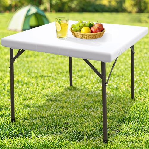 "Homing Square Table Cloth Cover, Water-Resistant Polyester Elastic Fitted Tablecloth, Washable Table Protector for Picnic, Camping, Outdoor (White, 34"" x 34"")"