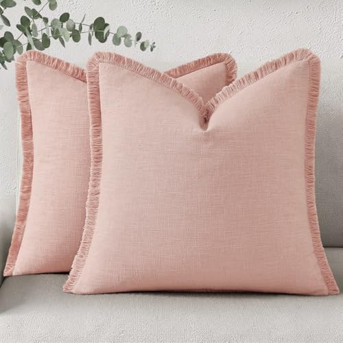 decorUhome Spring Decorative Linen Euro Sham Throw Pillow Covers 26x26 Inch Set of 2 Pink Pillow Covers with Fringe Edges Soft Farmhouse Boho Accent Pillow Cases for Couch Bed Living Room