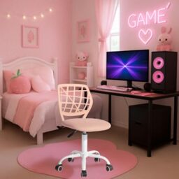 FurnitureR Ergonomic Computer Gaming Chair Home Entertainment Video and Computer Game,E-Sports Leisure Time Play for Teen Boy Girl,Height Adjustable with Lumbar Support,360 Swivel Caster,Pink I