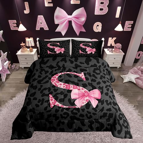 jejeloiu Initial Letter S Kids Comforter Set Full Size Leopard Print Bedding Set Pink Bowknot Alphabet Duvet Quilt for Kids Girls Women Bedroom Cheetah Skin Decor Microfiber Ultra Soft Breathable