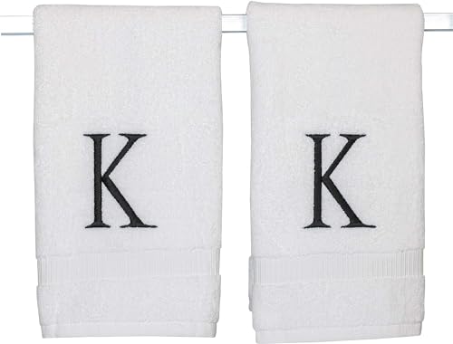 White with Black Monogrammed Hand Towels for Bathroom - Set of 2 Letter K - Luxury Hotel Quality Initial Towels For Powder Room, Spa, GOTS Organic Certified