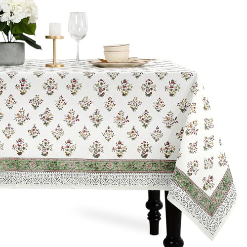 "CPC Tablecloth 100% Cotton 72""x140"" Indian Block Print Rectangle Table Cover, Table Cloth for Weddings, Dining, Parties Tablecloth- Forest Green"