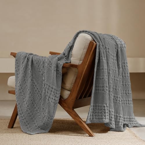 "PHF 100% Cotton Waffle Weave Throw Blanket - Luxury Decorative Soft Breathable Skin-Friendly Blanket for All Season - Perfect Textured Blanket for Couch Bed Sofa 50""x60""-Dark Grey"