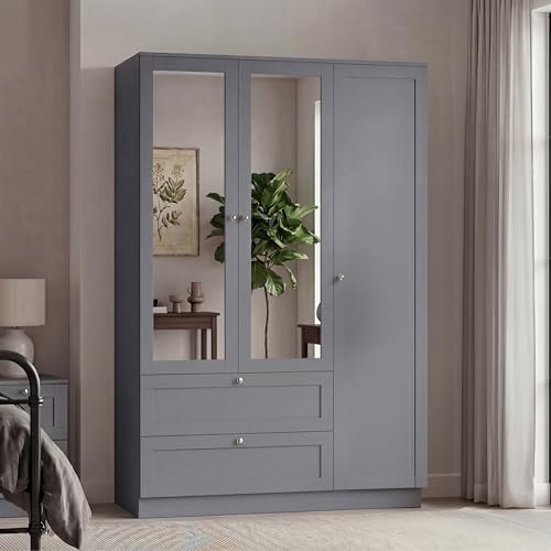 Vida Designs Altino 3 Door 2 Drawer Mirrored Wardrobe - Grey - Bedroom Furniture - 170H x 116W x 53D cm - With Storage Shelf & Hanging Rail - Large Capacity Storage