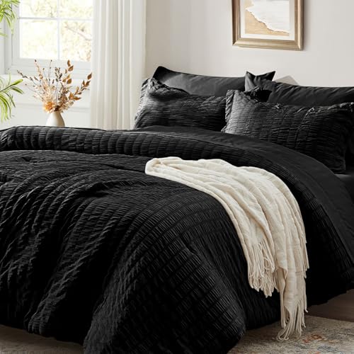 Zzlpp Full Size Comforter Sets 7 Piece, Black Bed in a Bag Full Bedding Set - Zzlpp Seersucker OEKO-TEX Certified Down Alternative Comforter with Breathable sheets&pillowcases,Lightweight,All Season