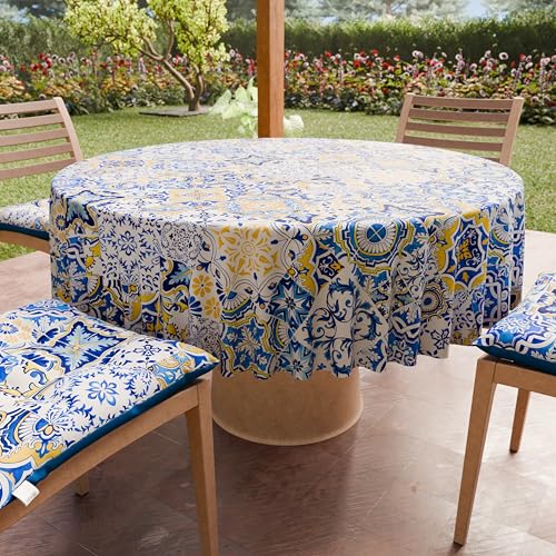 PETTI Artigiani Italiani - Anti-Stain Round Microfibre Tablecloth (Diameter 240 cm), Kitchen Table Cover for Round Table, Vietri 02 Design, Blue, 100% Made in Italy