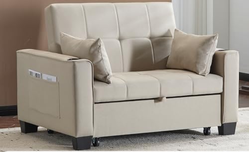 FurnitureR Comfort Chic Beige Sofa, Modern Upholstery, Fabric Material, Children's Furniture, Dual Functionality, Space-Saving Design