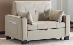 FurnitureR Comfort Chic Beige Sofa, Modern Upholstery, Fabric Material, Children's Furniture, Dual Functionality, Space-Saving Design