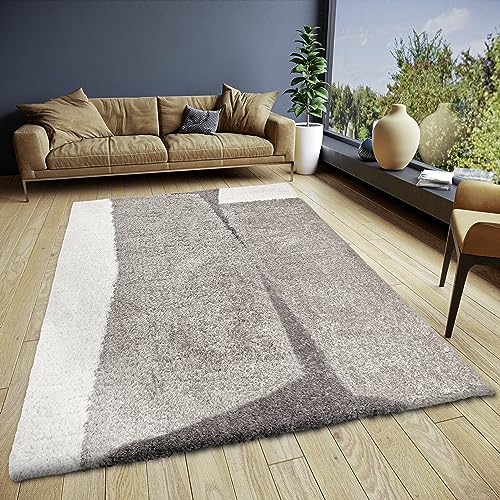 ELLE Decoration Jade High Pile Rug - Living Room Rug Design Long Pile Shaggy Two-Tone Modern Pattern, Fluffy Soft for Living Room, Bedroom, Teenager's Room - Cream Grey, 120 x 170 cm