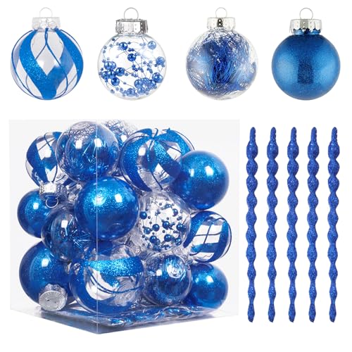 XmasExp 32ct Christmas Ball Ornaments Set -Blue Clear Plastic Shatterproof Xmas Tree Ball Decorations Hanging Baubles for Holiday Decor