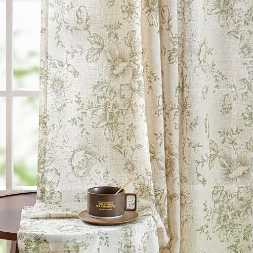 Topick Linen Blend Floral Curtains for Living Room 84 Inch Length Sage Green Printed Rod Pocket Back Tab Farmhouse Peony Patterned Drapes Bedroom Window Treatment 2 Panel Set