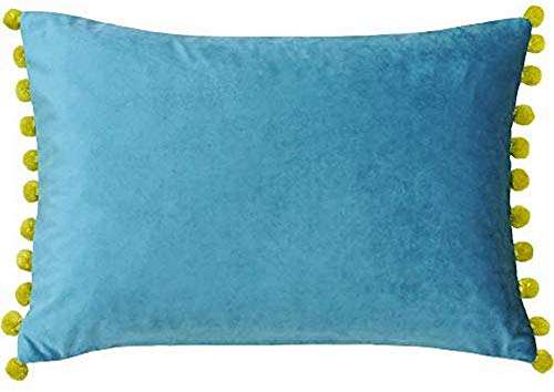 "Riva Paoletti Fiesta Rectangular Filled Cushion Blue Green Pompom Edges-Soft Velvet Fabric-Discreet Zip Closure-100 Case (14"" x 20"" inches), Polyester, Teal/Bamboo, 35 x 50cm"