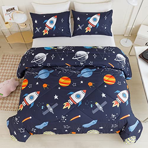 RYNGHIPY Kids Comforter Set Queen Size, Cute Space Rocket Bedding Set for Boys Girls, Teen Boy Bedding (Space Rocket, Queen)