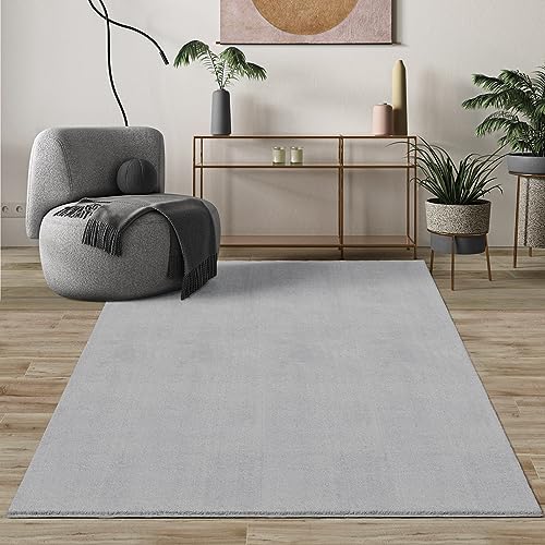Mias Teppiche Comfort Modern Fluffy Short-Pile Carpet, Anti-Slip Backing, Washable up to 30 Degrees, Super Soft, Faux Fur Look, Grey, 120 cm round