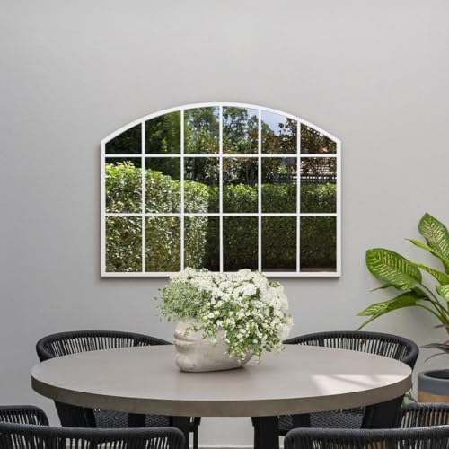 "MirrorOutlet The Arcus - White Framed Modern Arched Garden Wall Window Mirror 35"" X 26"" (90CM X 65CM) Silver Mirror Glass with Black All weather Backing."
