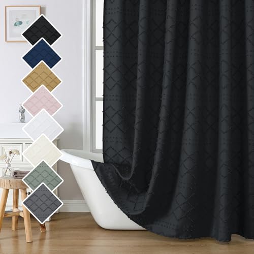 "Lecloud Black Stall Boho Shower Curtain, Modern Tufted Plaid Striped Narrow Half Size Fabric Shower Curtain, Farmhouse Clip Jacquard Textured Shower Curtains for Bathroom, 36"" Wx72 L"