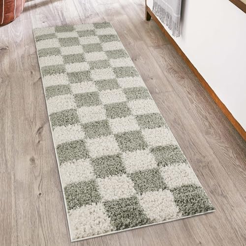 Rugs by Desire Chester Living Room Shaggy Area Rug Modern - Contemporary Checkered Design 30mm Plush Pile Jute Backing Soft Woven Carpet -Hallway Runner Indoor Rug, Sage, 60x220 cm