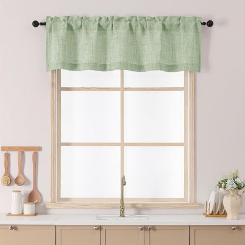 Chyhomenyc Sage Green Valance for Windows - Light Filtering Faux Linen Textured Small Kitchen Window Curtains Over Sink, Rod Pocket Short Valance for Living Room Bathroom, 52Wx14L Inch, 1 Piece