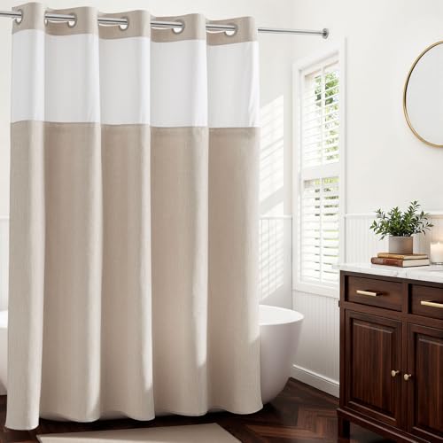River Dream Linen Textured No Hooks Shower Curtain with Liner,Linen,71x86 - Extra Long,Mesh Top Window,with Snap-in Liner,Heavy Duty Fabric,Quick Dry,Bottom Magnet,Water-Repellent,Washable,Bathroom Set