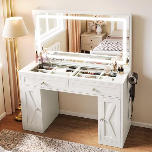 YITAHOME Dressing Table with LED Mirror, Makeup Desk with Adjustable  3-Colour Lighting, Safety Glass Top & Built-in Plug Socket, White Vanity  Table for Bedroom, 115 x 40 x 134cm by Amazon |