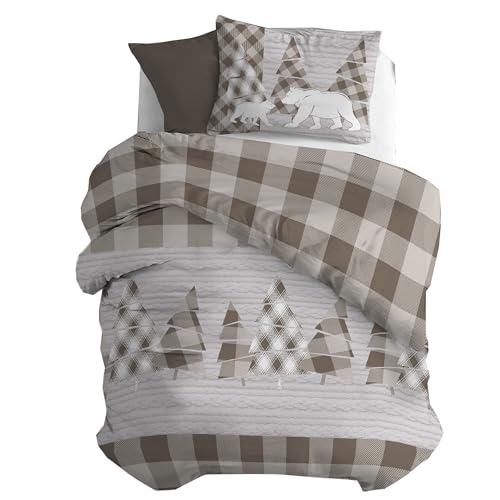 PENSIERI DELICATI Single Flannelette Duvet Cover Set, 100% Cotton, 155 x 200 cm Bag and Pillowcase 52 x 82 cm, Made in Italy, Machine Washable at 40 Degrees, Canada Beige Pattern