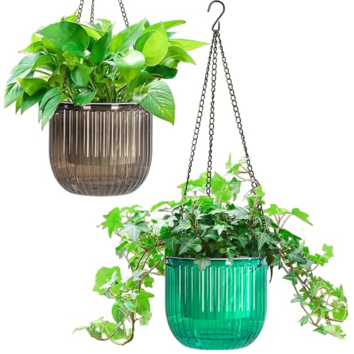 Melphoe 2 Pack Self Watering Hanging Planters Indoor Flower Pots, 6.5 Inch Outdoor Hanging Plant Basket, Hanger with 3Hooks Drainage Holes for Garden Home (Emerald + Gray)