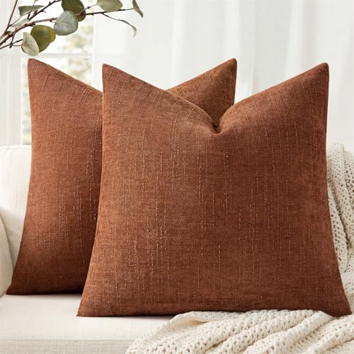 ANRODUO Pack of 2 Decorative Textured Throw Pillow Covers Soft Dark Rust Square Accent Solid Chenille Cushion Cover Cozy Farmhouse Pillow Case for Couch Sofa Bedroom Living Room Home Decor 18x18 Inch