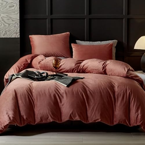 WARMDERN Blush Pink Flannel Velvet Duvet Cover Queen Size, 3-Piece - Ultra Soft Touch, Luxury Texture, Modern Crystal Velvet, Hidden Zipper, 4 Ties, Breathable Lightweight Washable Bedding Set