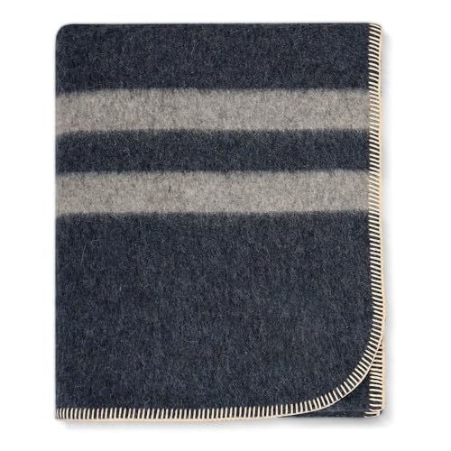 Thick Alpaca Wool Blanket Heavyweight for Camping Outdoors or Using Indoors - Soft Peruvian Alpaca Wool Blankets (Blue Jean - Soft Gray Stripes, Travel Size)