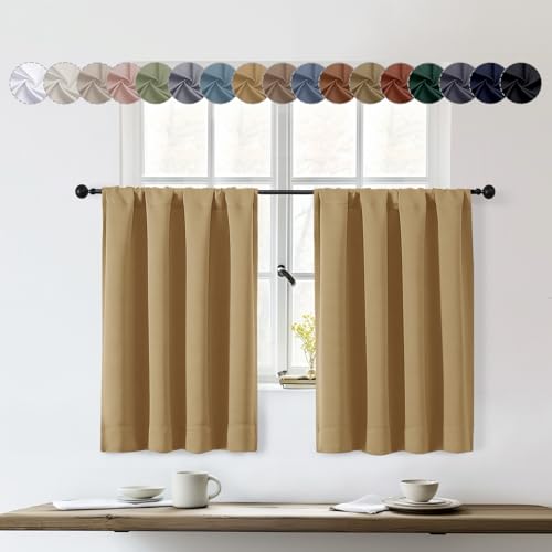 OWENIE Sally Gold Kitchen Curtains 36 Inch Length 2 Panels Set, Half Window Rod Pocket Room Darkening Blackout Curtain Tiers for Kitchen Bathroom, 2 Pcs Each W40 x L36 Inch, Gold