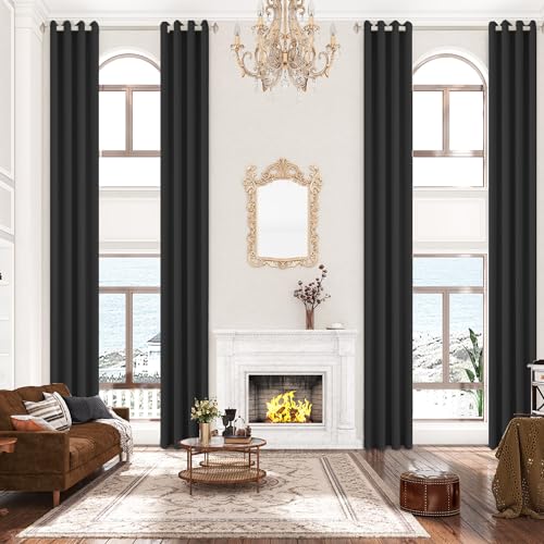 Sanceor Soft Texture Extra Long Curtain 132 Inch Length,Black 1 Panel,Thermal Insulated Blackout Room Darkening 2 Story Curtain for High Ceiling,Living Room,Tall Windows.