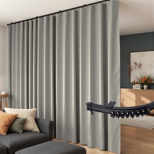 Room Divider Curtains Flexible Ceiling Tracks set Curtain track Ceiling Mount Blackout Curtain for Living Room Bedroom Ceiling Curtain Rod Privacy Dividers Panel W120xH120 Light Grey Drape&Black rail