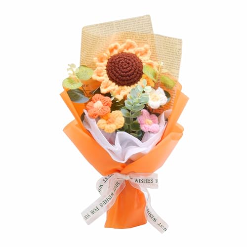YUNBIAOSEN Crochet Flowers Bouquet, Handmade Knitted Bouquet, Crochet Bouquet Kit Knitted Fake Sunflower Daisy, Gift for Mother Wife on Birthday Valentines Anniversary (Orange)