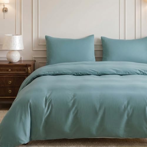 "HeimenAogo Egyptian Cotton Duvet Cover Set Queen, Ultra Soft and Breathable Comforter Cover with Zipper Closure, High Thread Count Long Staple Cotton Blanket Cover 3Pcs Teal (90""??90"")"