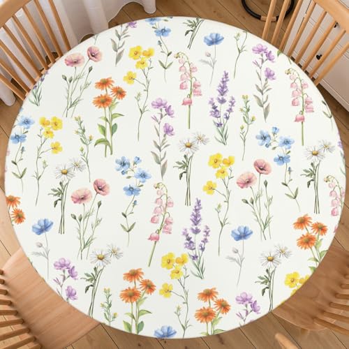 ABSOP Spring Floral Round Fitted Tablecloth with Elastic Edge 40-44 Inch Colorful Flowers Table Cover Washable Summer Holiday Table Cloth for Kitchen Dining Party Picnic