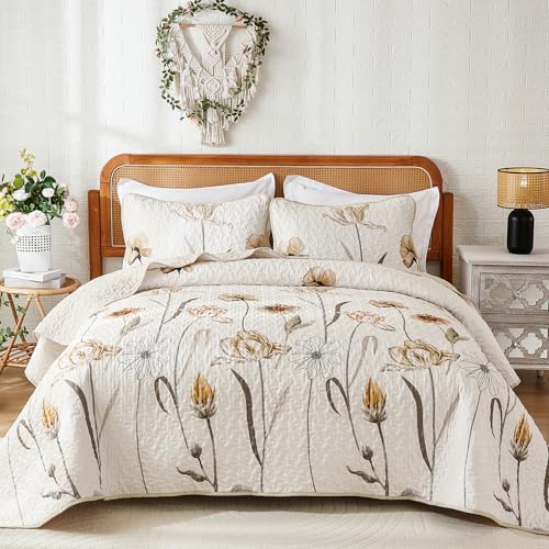 "WONGS BEDDING Floral Quilt Set YS01AC081437AF-A - 3-Piece Farmhouse Flower Botanical Bedspreads with 2 Pillowhams, Reversible Polyester Coverlet Set for All Seasons, 96""x90"""