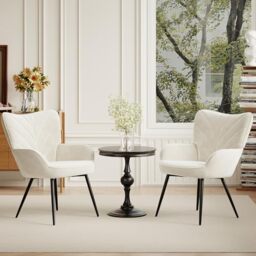 COLAMY Upholstered Velvet Dining Chair with Armrests, Modern Nordic Dining Room Chair, Soft Padded Seat with Ergonomic Back, Black Metal Legs,White