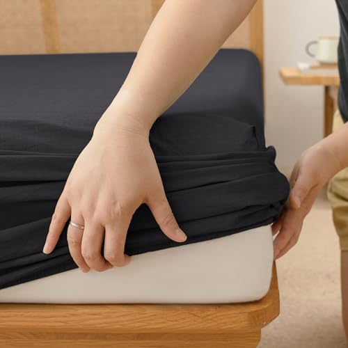 BESTOUCH Fitted Sheet Only 100% Washed Cotton Linen Feel Easily Fits Deep Pockets up to 17 inch Solid Deep Black King