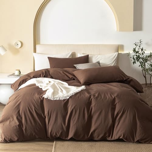 JIYUAN 100% Washed Cotton Duvet Quilt Cover Set Comfy Simple Style Soft Breathable Textured Durable Linen Feel Bedding for All Seasons Full, Chocolate Brown