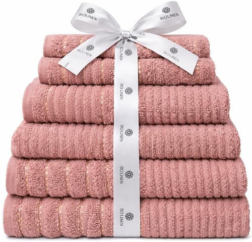 "BIOLINEN 100% Cotton Bath Towel ??? Ultra Soft & Highly Absorbent 30""x60"" Towel, Quick Dry Spa Quality for Home, Gym & Hotel ??? Grey (1 Pack) (Rose, 6 Pack)"