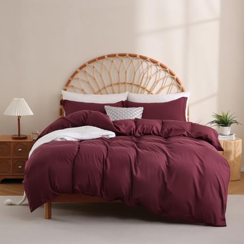 JSD Burgundy Duvet Cover Set King Size, 3 Piece 1 Duvet Cover with 2 Pillow Shams, Soft Brushed Microfiber Comforter Covers Zipper Closure