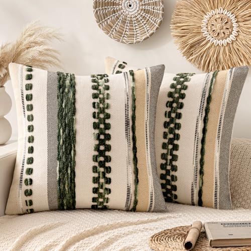 ANRODUO Pack of 2 Boho Decorative Throw Pillow Covers 18x18 Farmhouse Cushion Case Striped Chenille Pillow Cases Square Pillow Covers Accent Neutral Pillowcase for Sofa Couch Bed, Dark Green Stripe